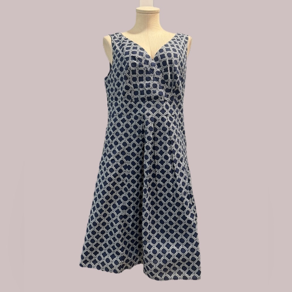 LAND’S END size 12 aged navy print fit and flare surplice sleeves midi dress